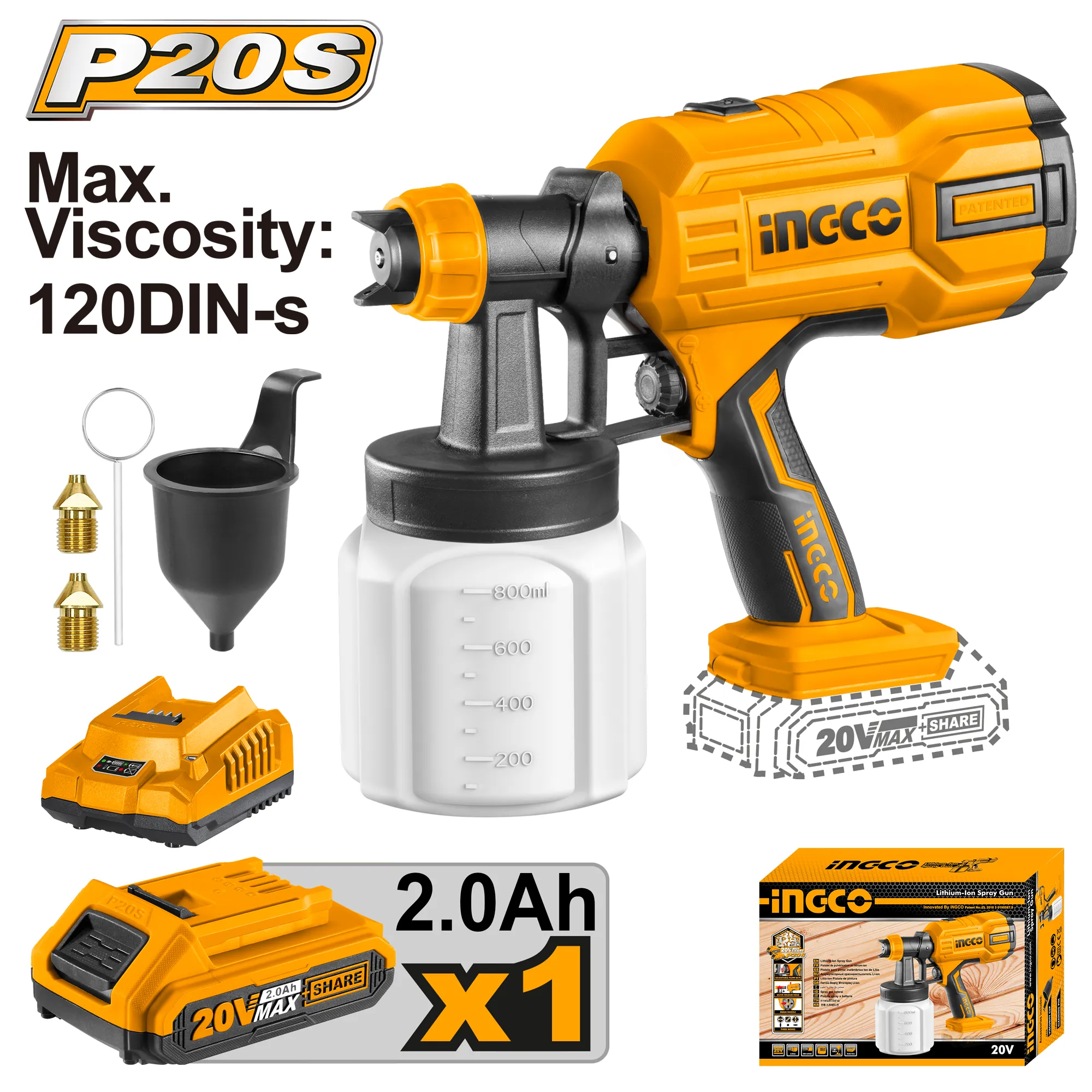 Краскораспылитель аккумуляторный 20 В INGCO CSGLI20406