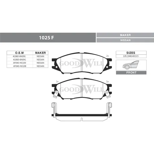 Колодки тормозные дисковые передние, комплект NISSAN Almera (Sunny) GOODWILL 1025F