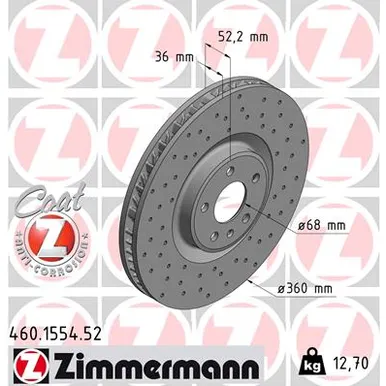 Диск тормозной передний L перфорированный с покрытием SPORT COAT Z PORSCHE MACAN 14-> ZIMMERMANN 460.1554.52