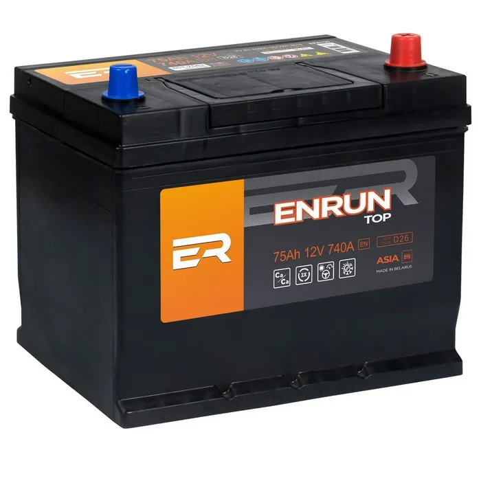 Аккумулятор ENRUN JIS TOP 75 А/ч обратный R+ 261x175x225 D26 EN 740 А