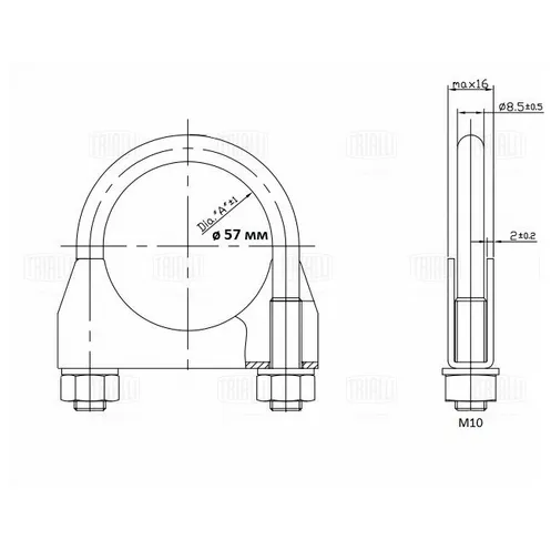 Хомут глушителя U-образный D=57 мм (стремянка) (нерж. сталь 304 SS) TRIALLI UC 57 SS