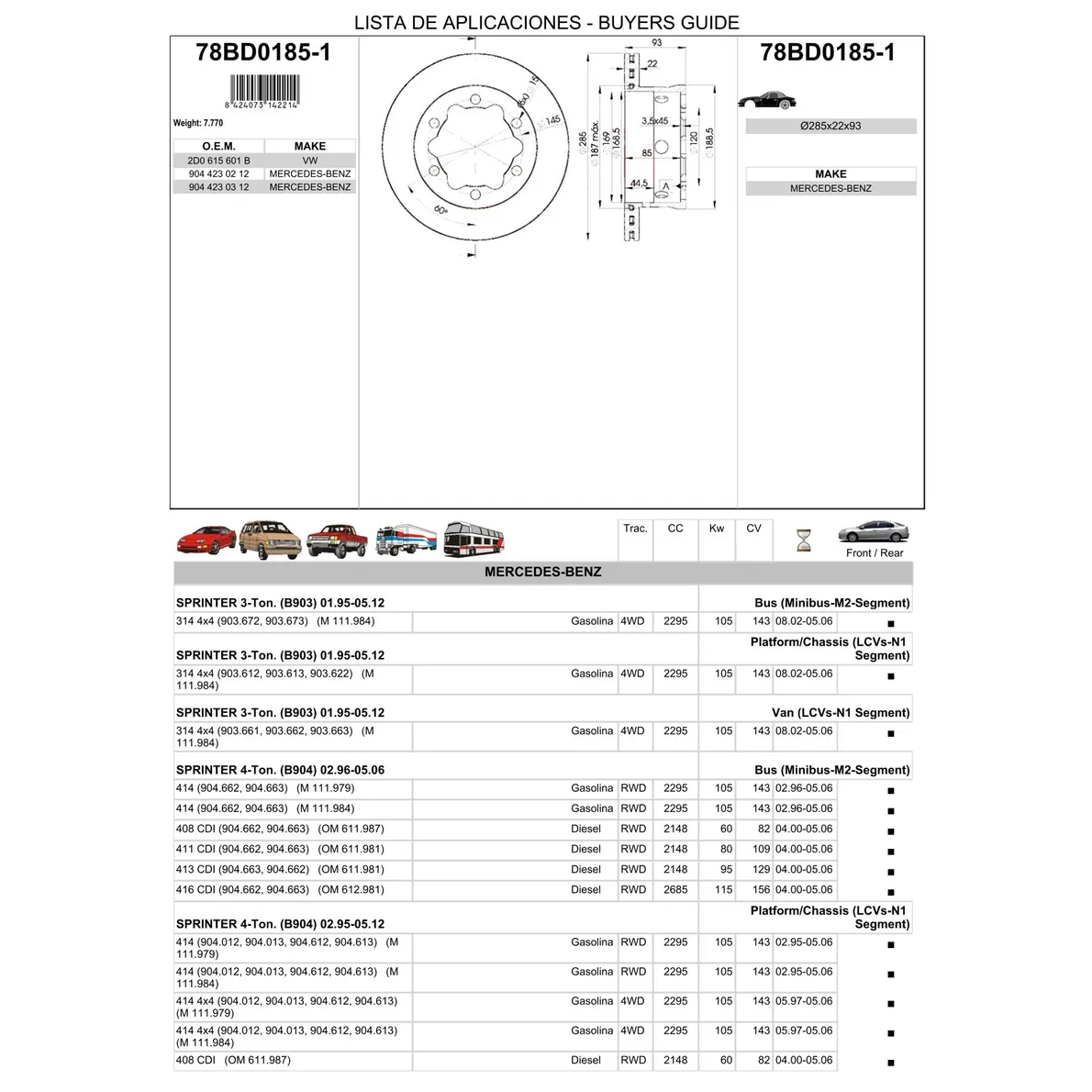 Диск тормозной задний MB 4T-SPRINTER/VW LT 28-46 II /VENT D=285MM ICER 78BD0185-1