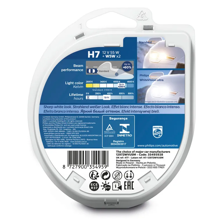 Лампа 12V H7 55W PX26d PHILIPS White Vision Ultra 2 шт. DUOBOX 12972WVUSM