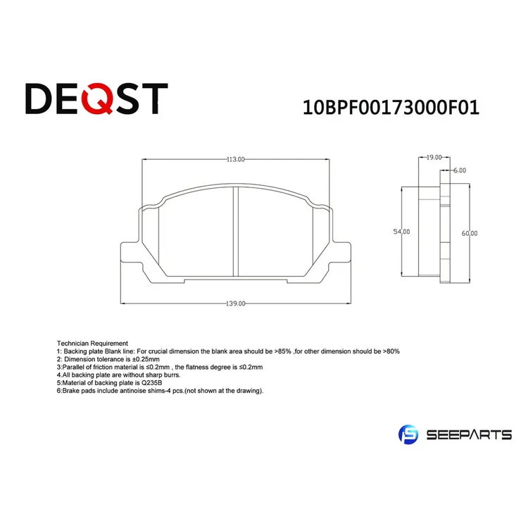 Колодки тормозные, перед. LEXUS RX 300 3.0 00-03. DEQST 10BPF00173000