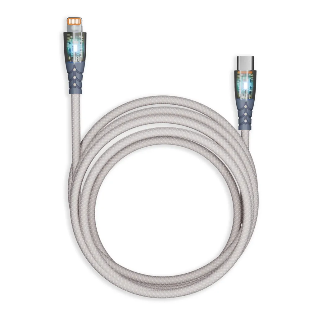 Кабель для зарядки и передачи, прозрачн.наконечники TYPE C - LIGHTNING серый,3а,нейл.,1 м, SMARTBUY IK-12-PDTRANSP-GRAY