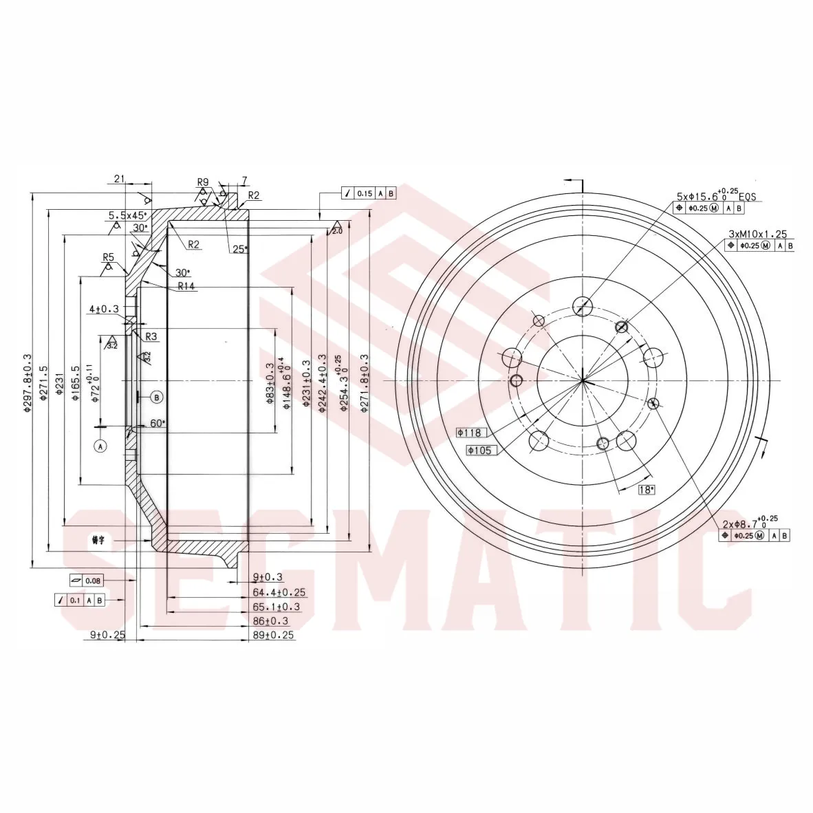 Барабан тормозной Citroen C25 1990-1994, Citroen Jumper 230 1994-2002, Citroen Jumper 244 2002-2006 SEGMATIC SDB30053039