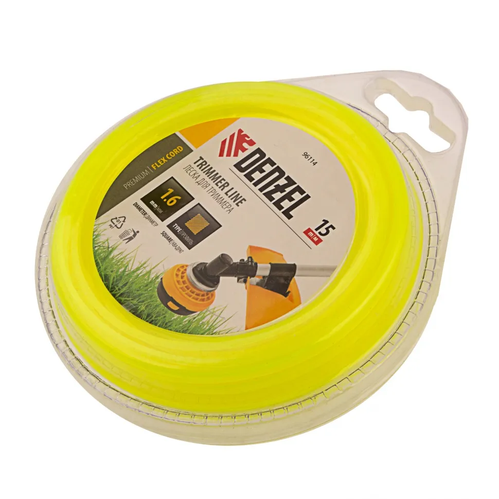 Леска для триммера, квадрат 1,6 мм x15 м, блистер Flexcord Denzel 96114