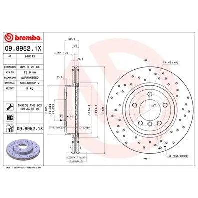 Диск тормозной передний с перфорацией комплект BMW 3(E46)-05 325мм BREMBO 0989521X