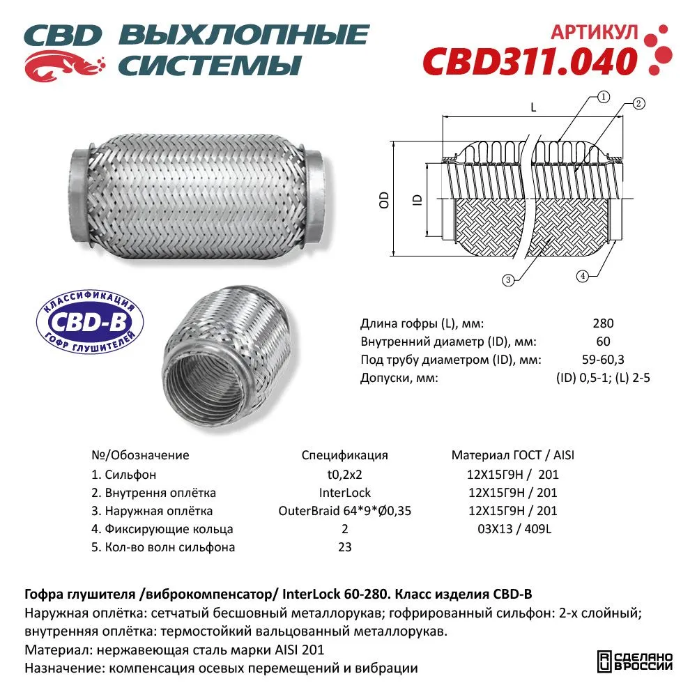 Гофра глушителя 3х-сл InterLock 60-280. CBD311.040