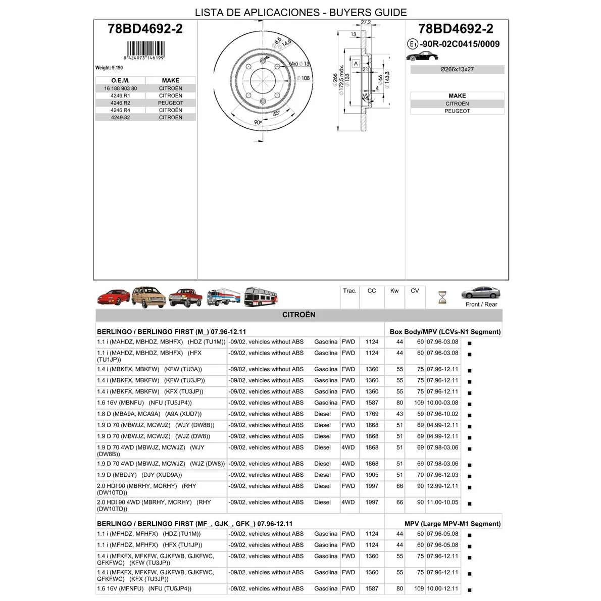 Диск тормозной передний CITROEN BERLINGO/C3 ICER 78BD4692-2
