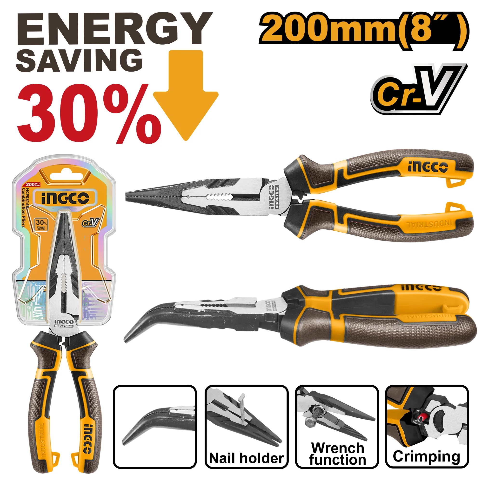 Тонкогубцы изогнутые 200 мм INDUSTRIAL INGCO HHBNP28201