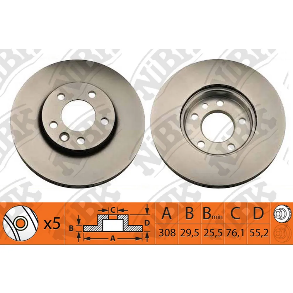 Диск тормозной передний VW TOUAREG/T5/MULTIVAN ALL 03-> /VENT.D=308MM NIBK RN1316