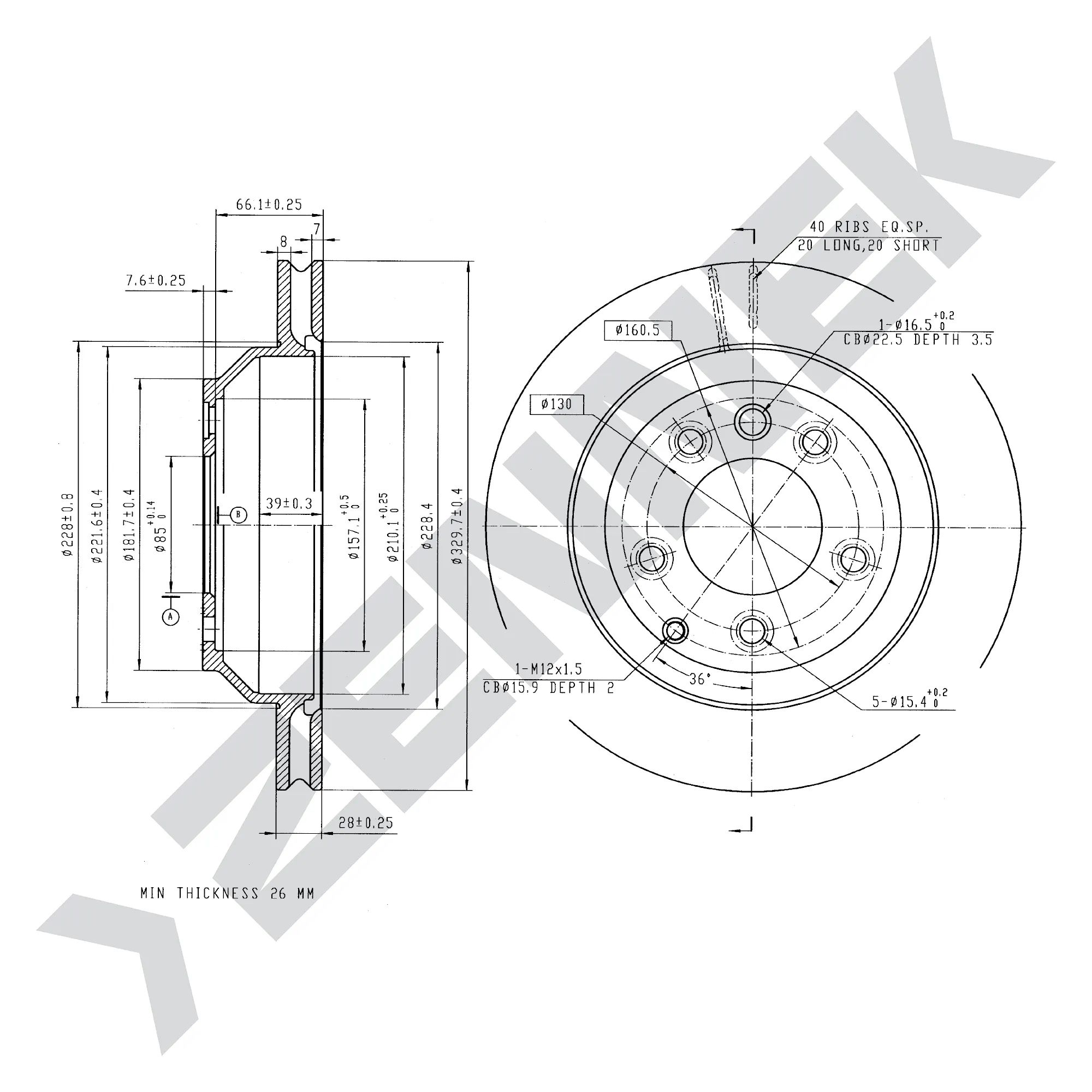 Диск тормозной задний VW T5 03-15, TOUAREG 02-13 (2 шт) ZENNEK DBD0164