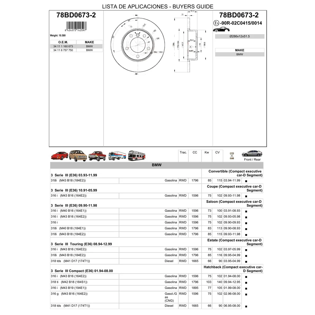 Диск тормозной передний BMW E36 91-00 /D=286MM ICER 78BD0673-2