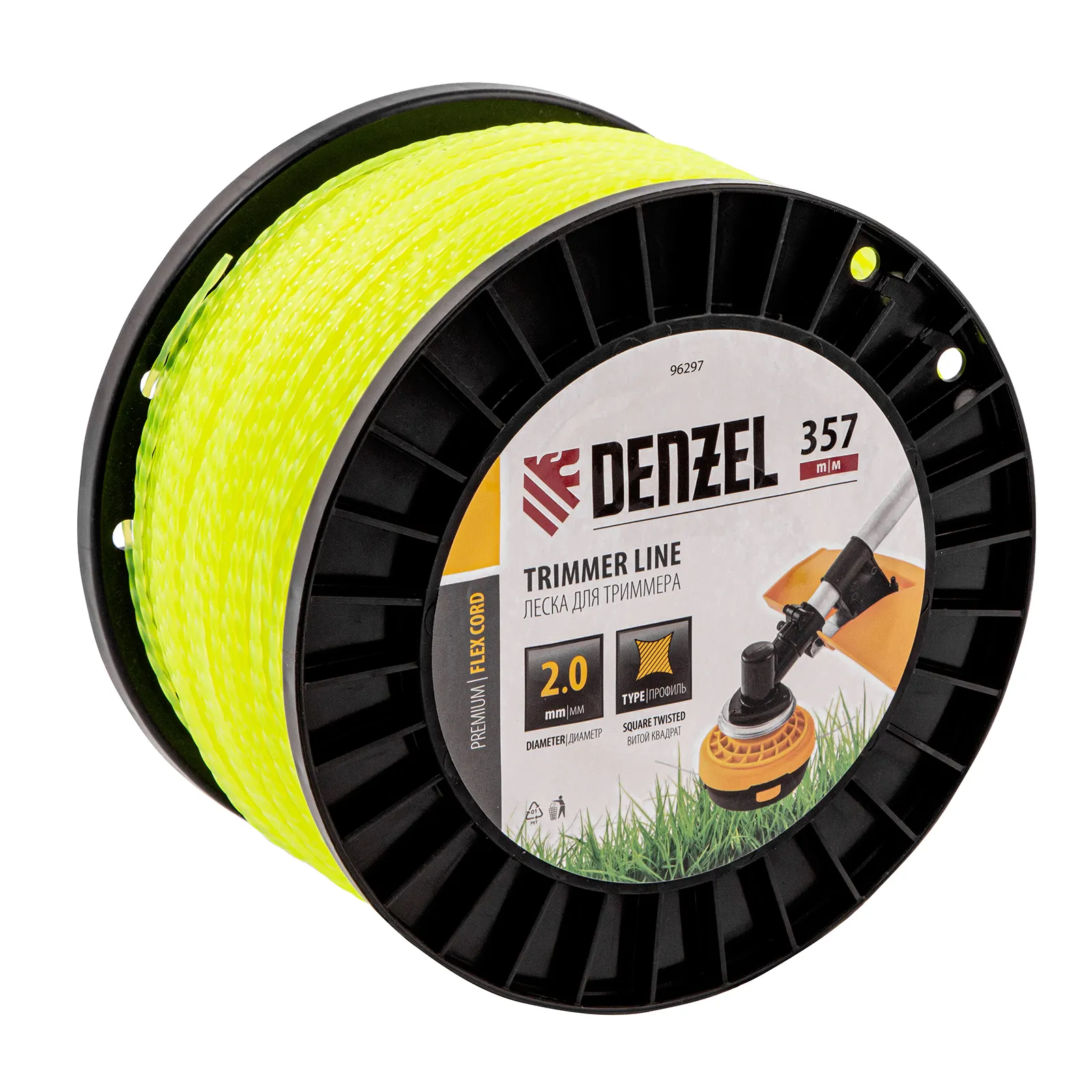 Леска для триммера витой квадрат, 2,0мм х 357м, на DIN катушке FLEX CORD Denzel 96297