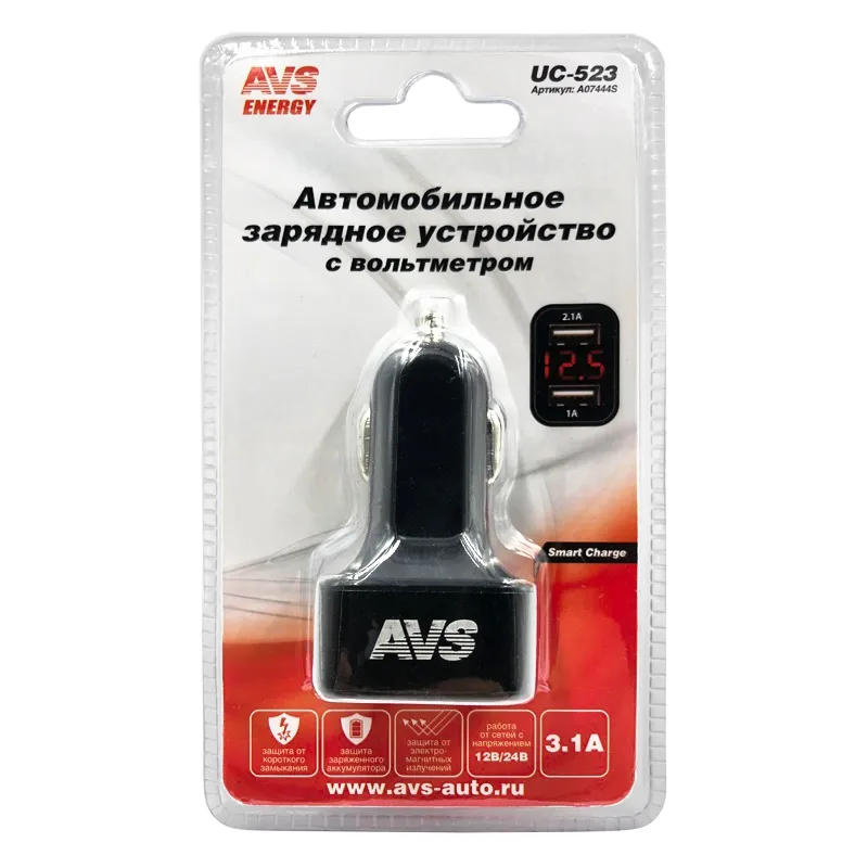 Устройство зарядное автомобильное USB AVS 2 порта UC-523 (3А,черный) с вольтметром AVS A07444S