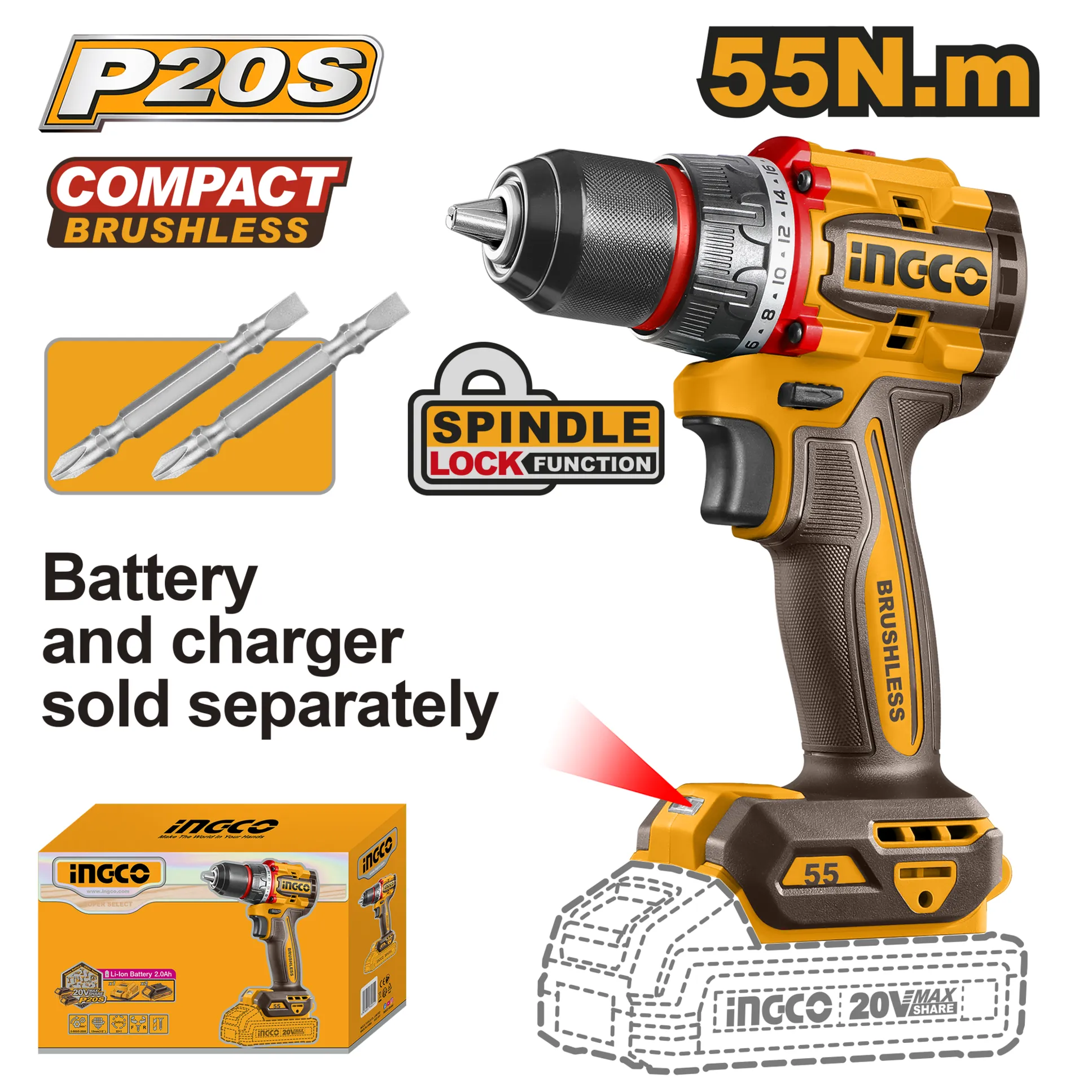 Бесщеточный шуруповерт 55 Нм 20В, б/щ (5) INGCO CDLI205581 INDUSTRIAL INGCO CDLI205581