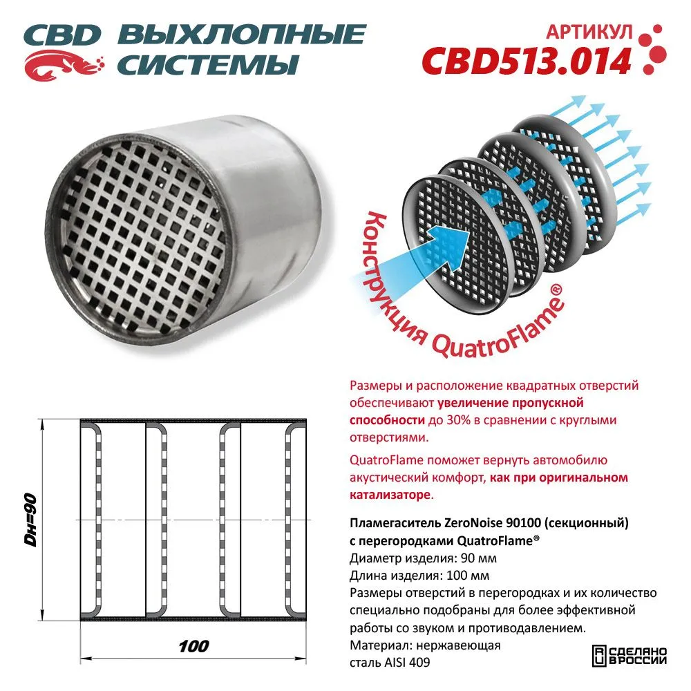 Пламегаситель коллекторный 90100 секционный ZeroNoise. Нержавеющая сталь AISI439 CBD CBD513.014