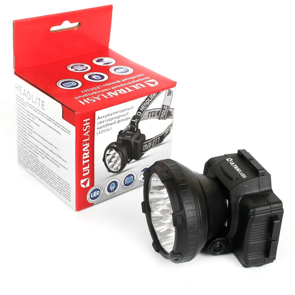 Фонарь налобн аккум 220В, черный, 9LED, 2 реж, пласт, бокс ULTRAFLASH LED5363