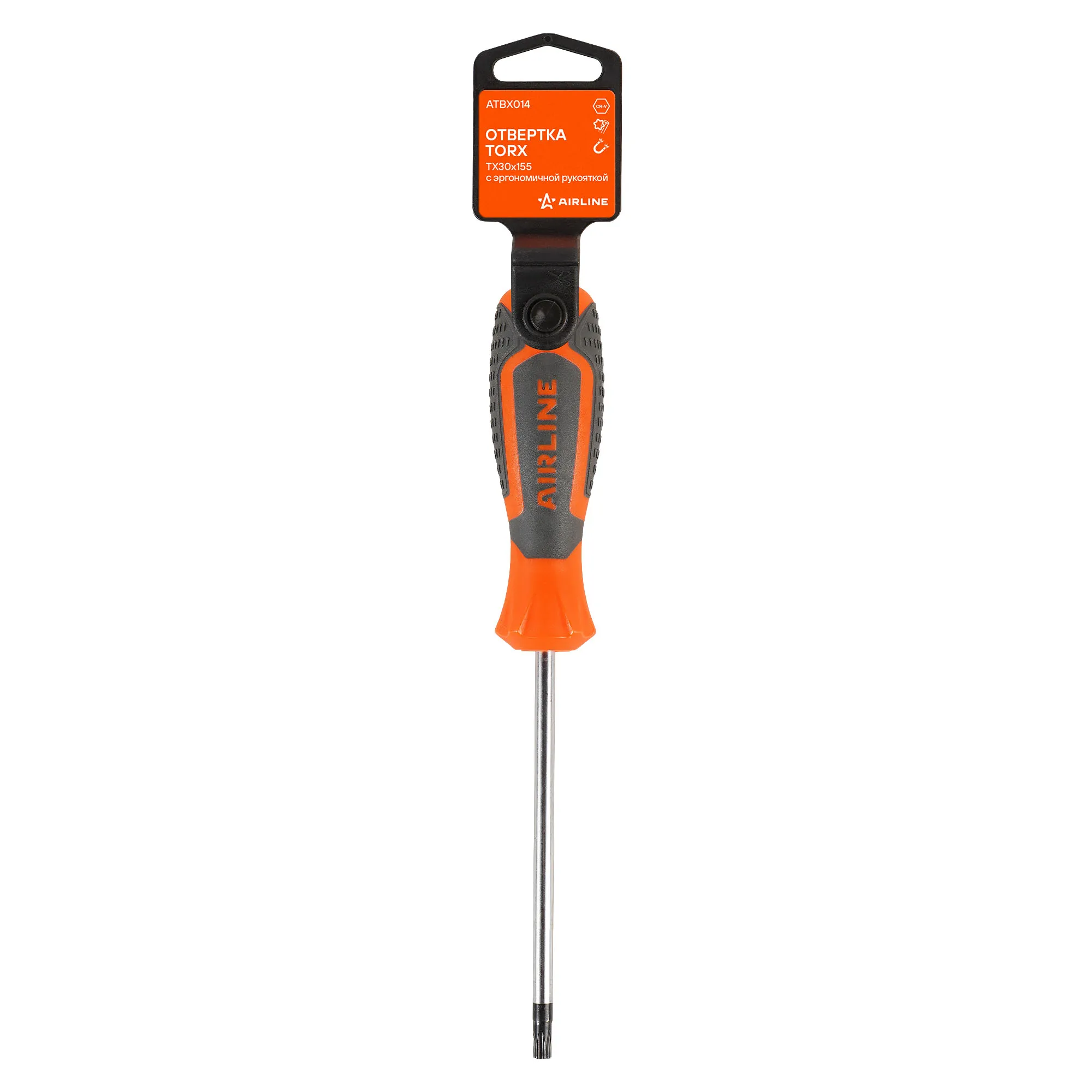Отвертка TORX TX30x155 с эргономичной рукояткой магнитная, пласт.подвес AIRLINE ATBX014