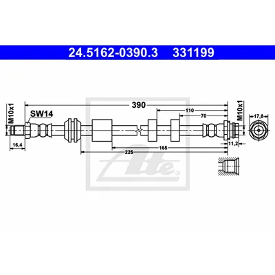 Шланг тормозной передний L=R FORD Mondeo IV/Galaxy II/S-Max 06-> /L=390mm ATE 24.5162-0390.3