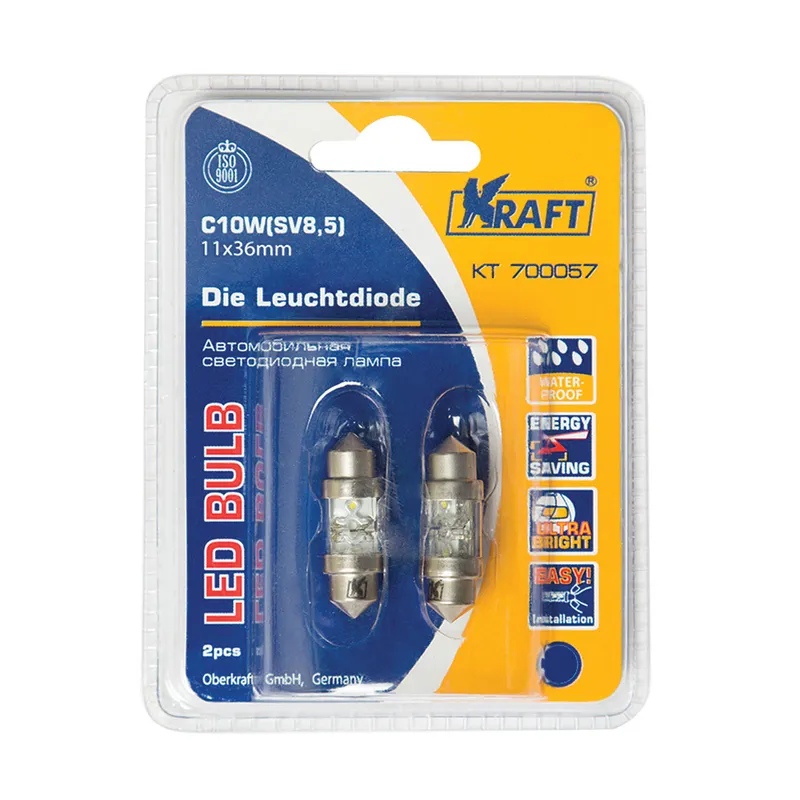 Лампа светодиодная 12V C10W 10W SV8,5-8 KRAFT 2 шт. картон KT700057