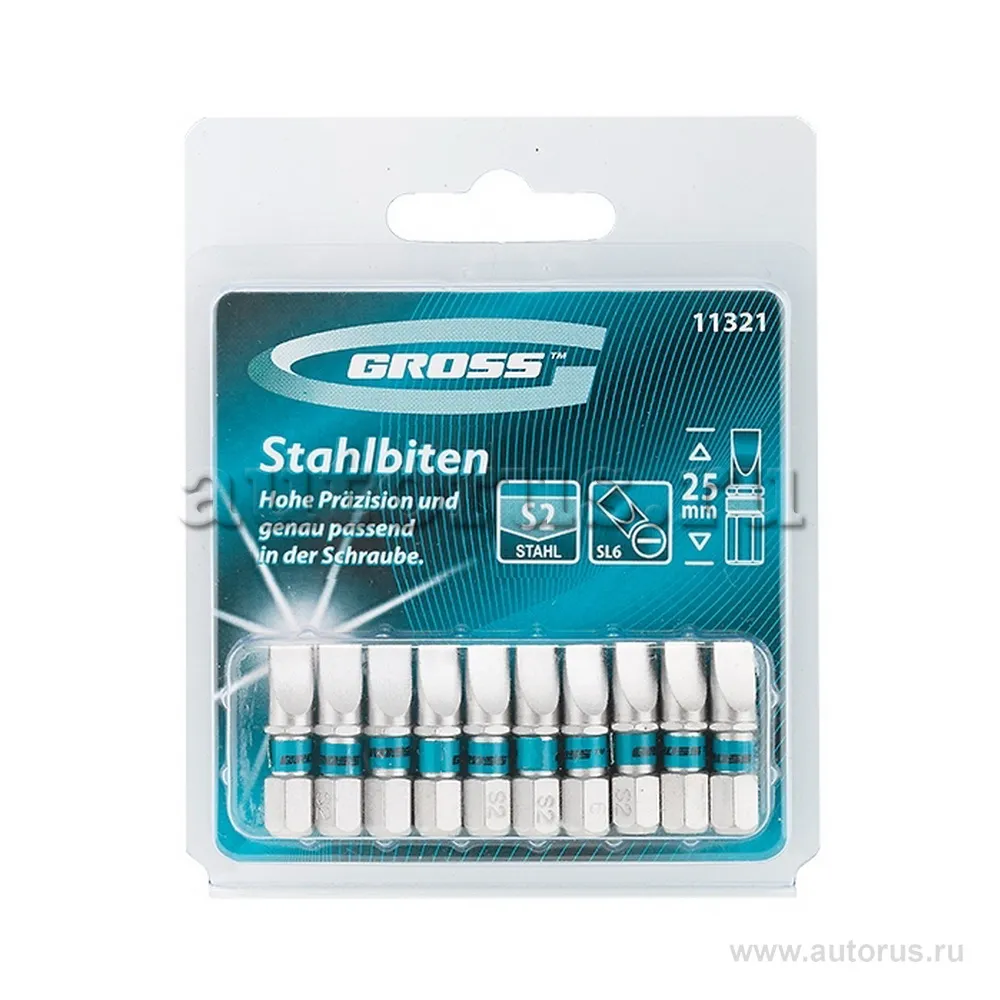 Набор бит SL6, 0x25, сталь S2, 10шт GROSS 11321