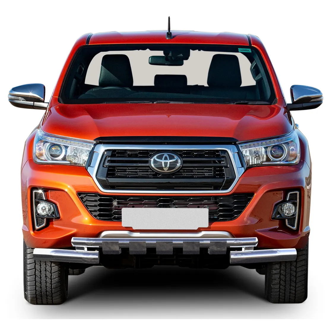 Защита переднего бампера d76+d57 с профильной защитой картера Rival для Toyota Hilux VIII (Exclusive) 2018-н.в., нерж. сталь, R.5722.002