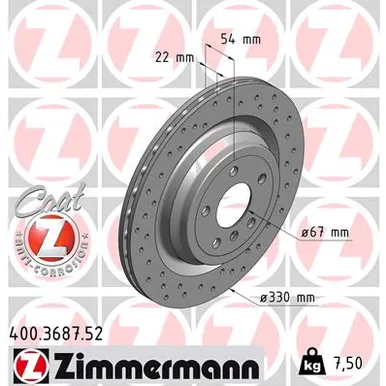 Диск тормозной задний перфорированный с покрытием SPORT COAT Z ZIMMERMANN 400.3687.52