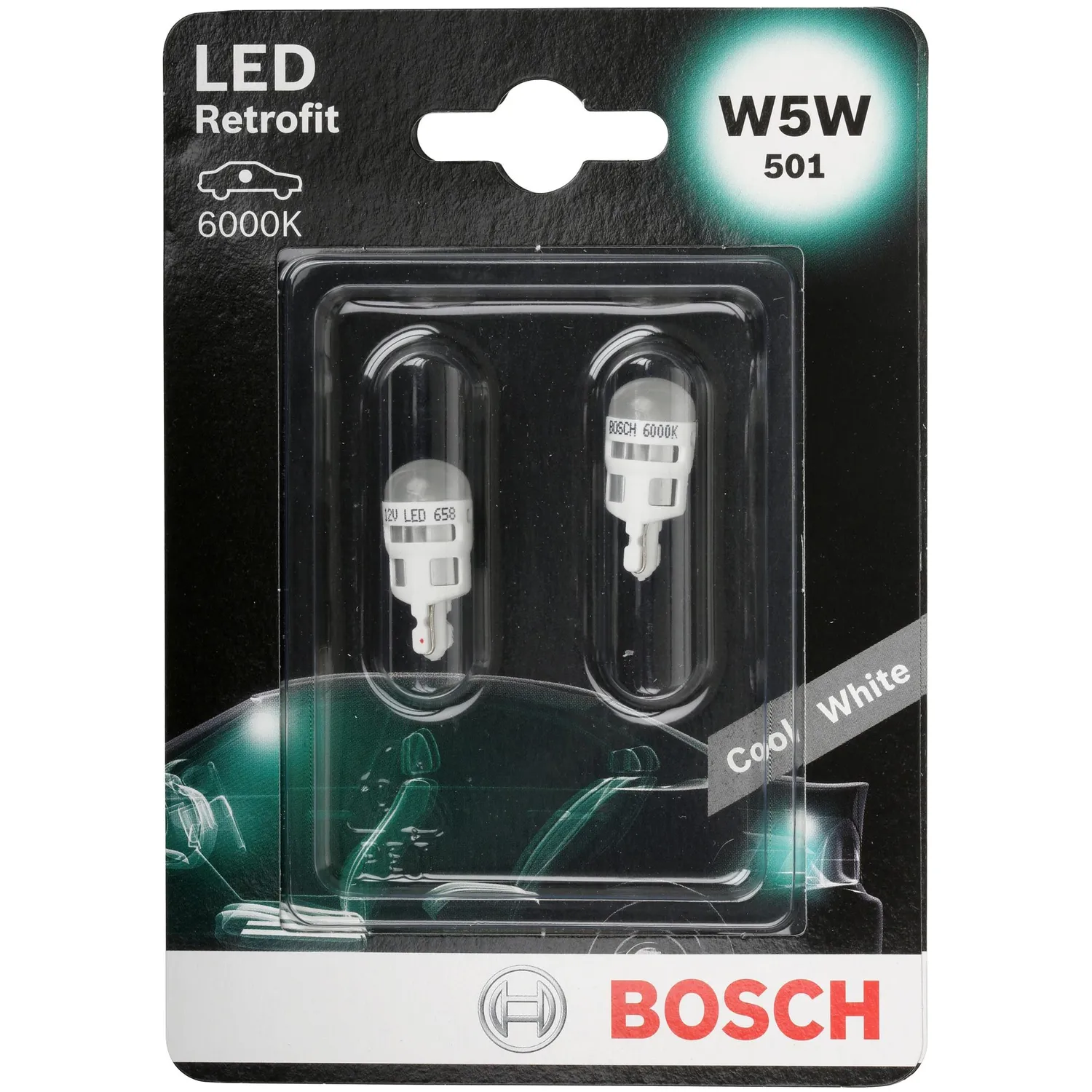 Лампа светодиодная 12V W5W 1W 6000K BOSCH LED RETROFIT COOL 2 шт. блистер 1 987 301 505