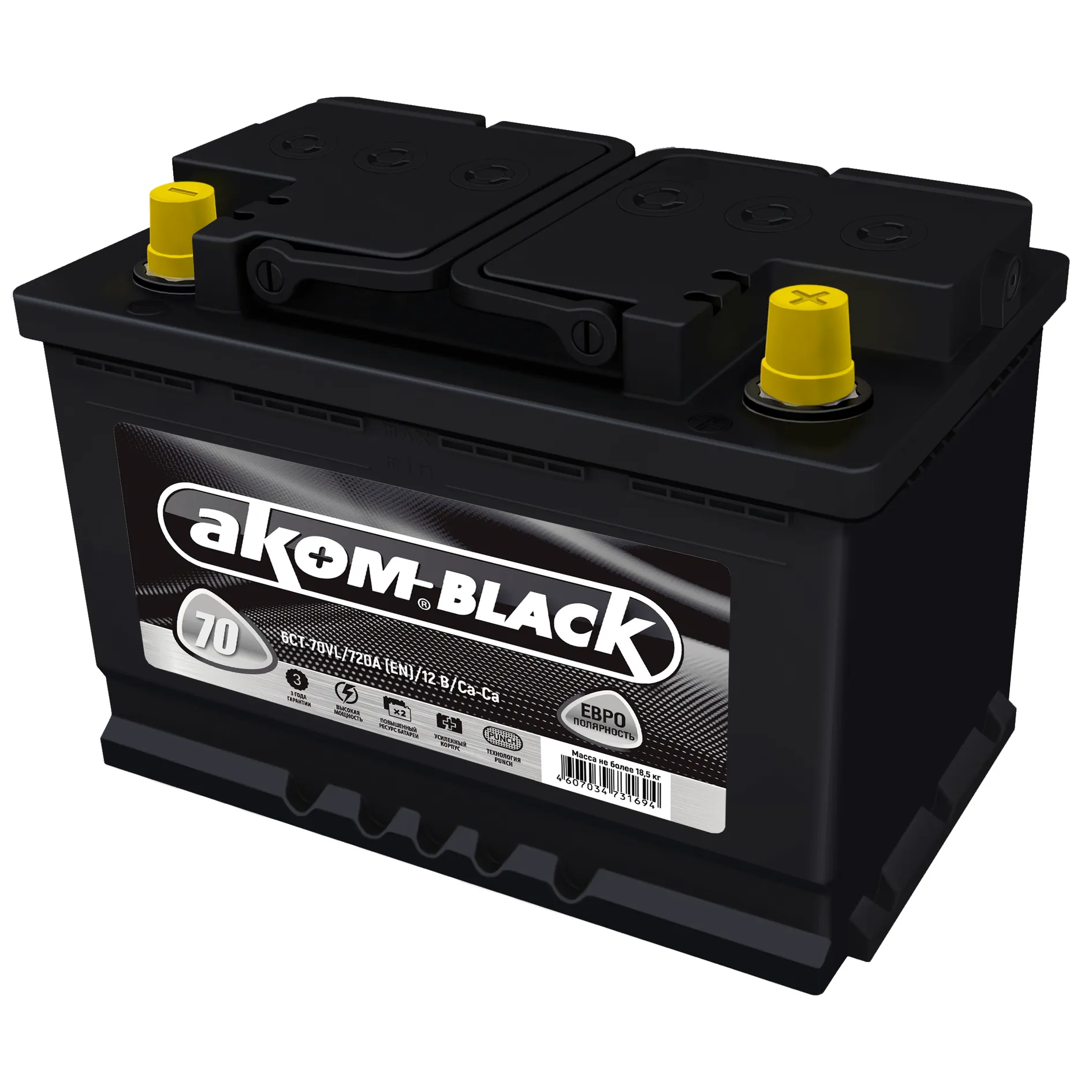 Аккумулятор АКОМ BLACK 70 А/ч обратный R+ 278x175x190 L3 EN 720 А