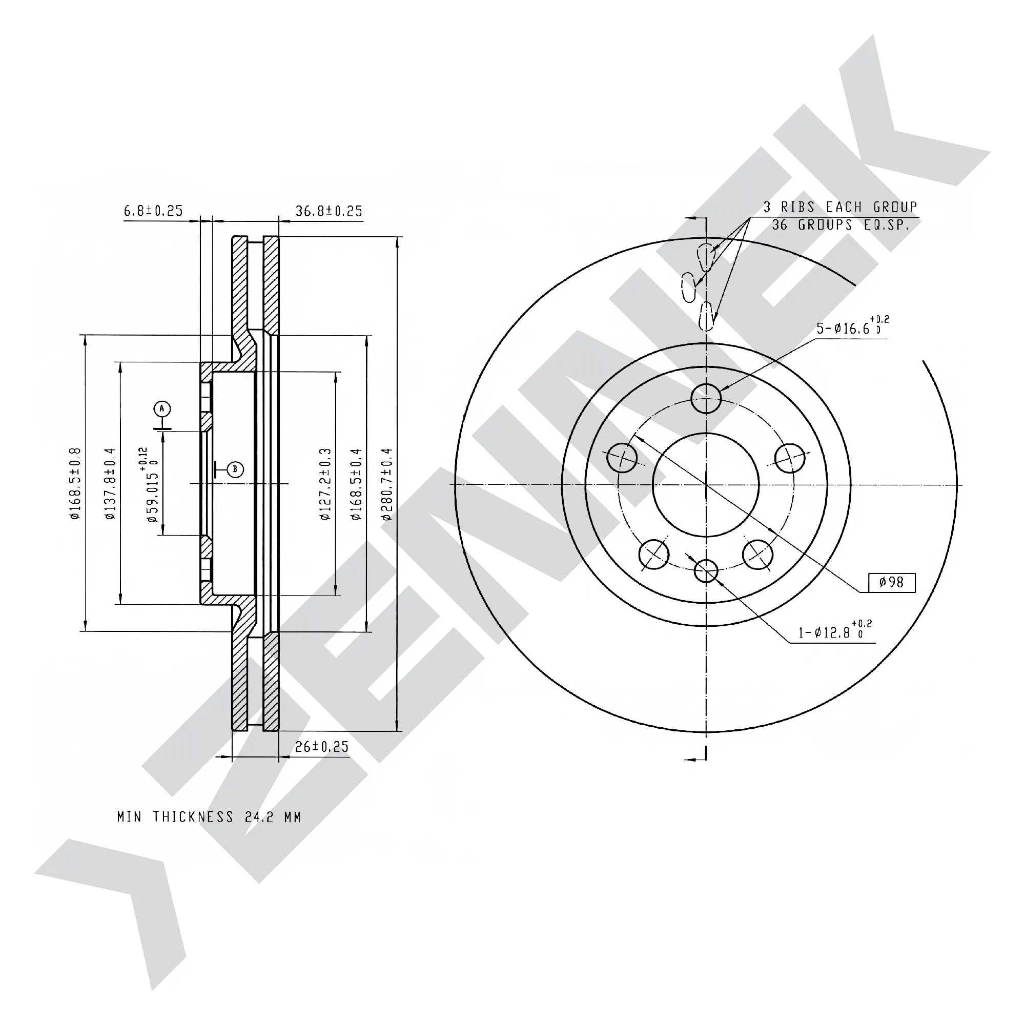Диск тормозной передний FIAT SCUDO 96-06, ULYSSE 94-02 (2 шт) ZENNEK DBD0039