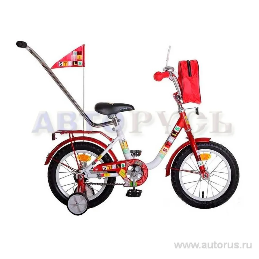 Велосипед 12 детский STELS FLASH, 2015 1 скорость сталь 8,5 с боковыми колесами и ручкой красный/белый