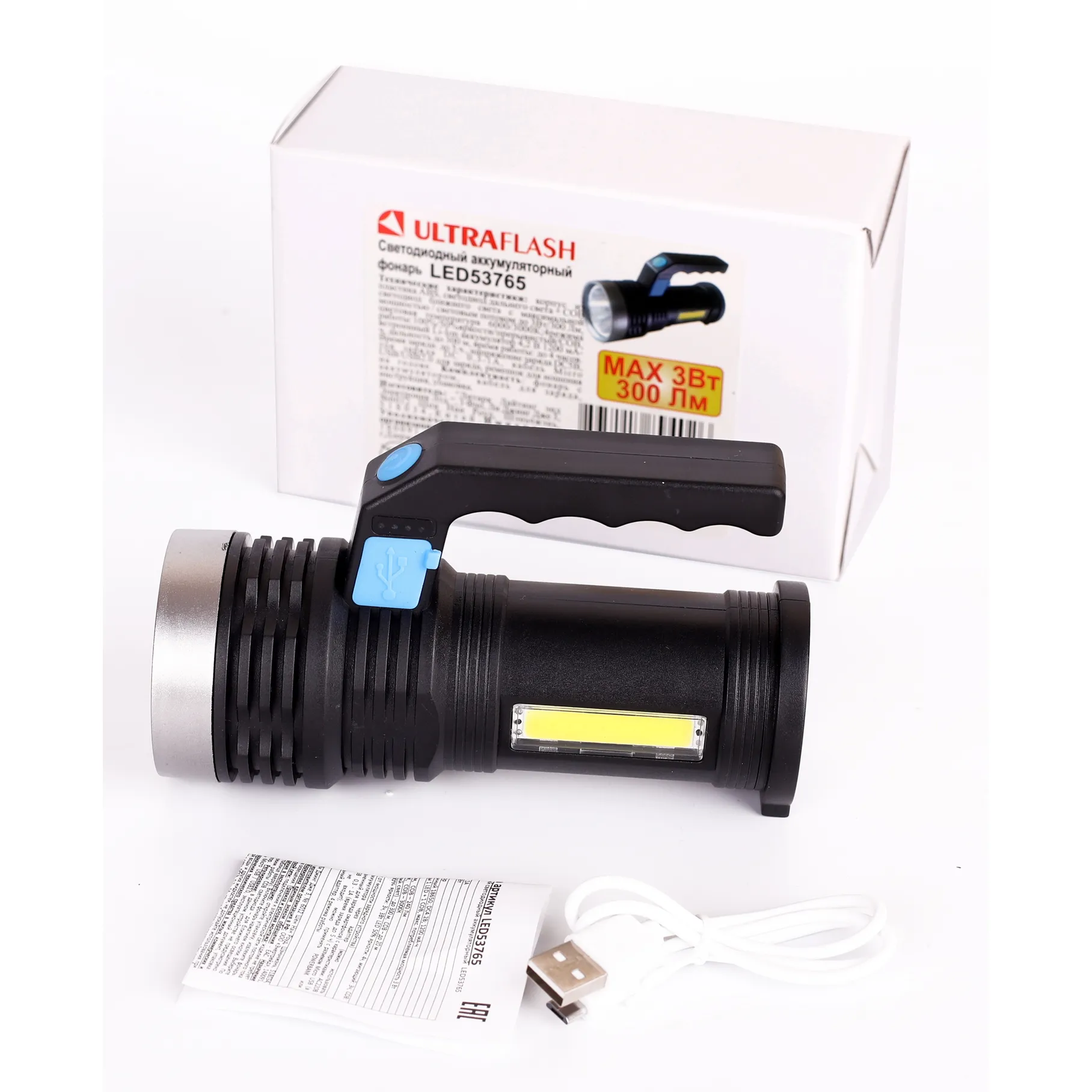 Фонарь акк 4В, черн., 2LED, 3 Вт, 4 реж, USB, бокс са ULTRAFLASH LED53765