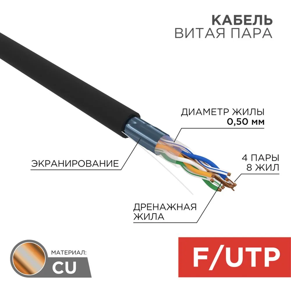 Кабель витая пара F/UTP, категория 5e, PE, 4PR, 24AWG, внешний, черный, 305 м (барабан) REXANT 01-0146