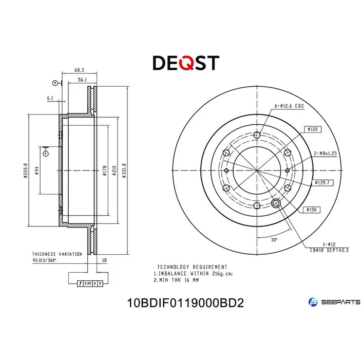 Диск тормозной, задний вент MITSUBISHI PAJERO 07- DEQST 10BDIF0119000