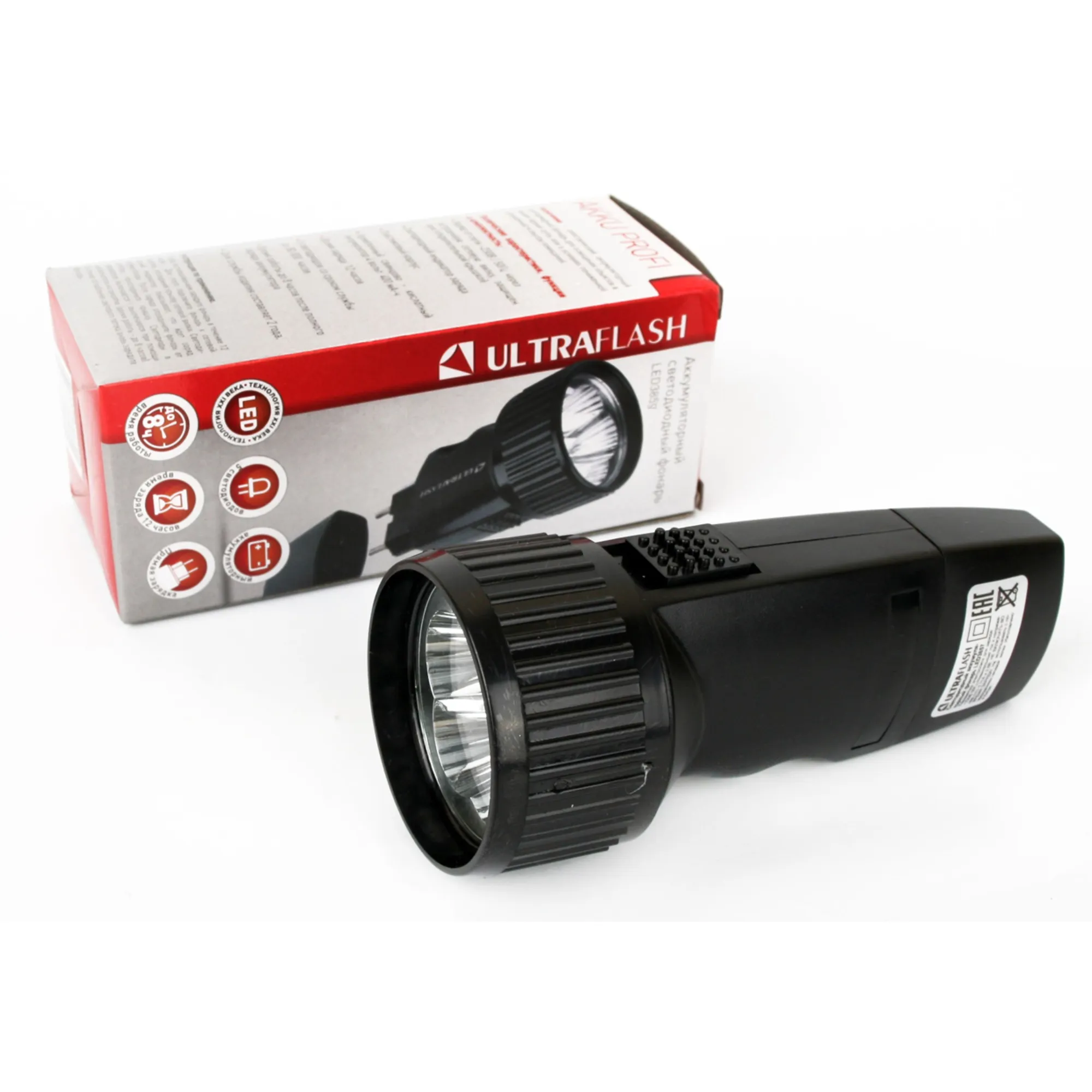 Фонарь аккум. 220В, черный, 5 LED, SLA, пластик, коробка ULTRAFLASH LED3859