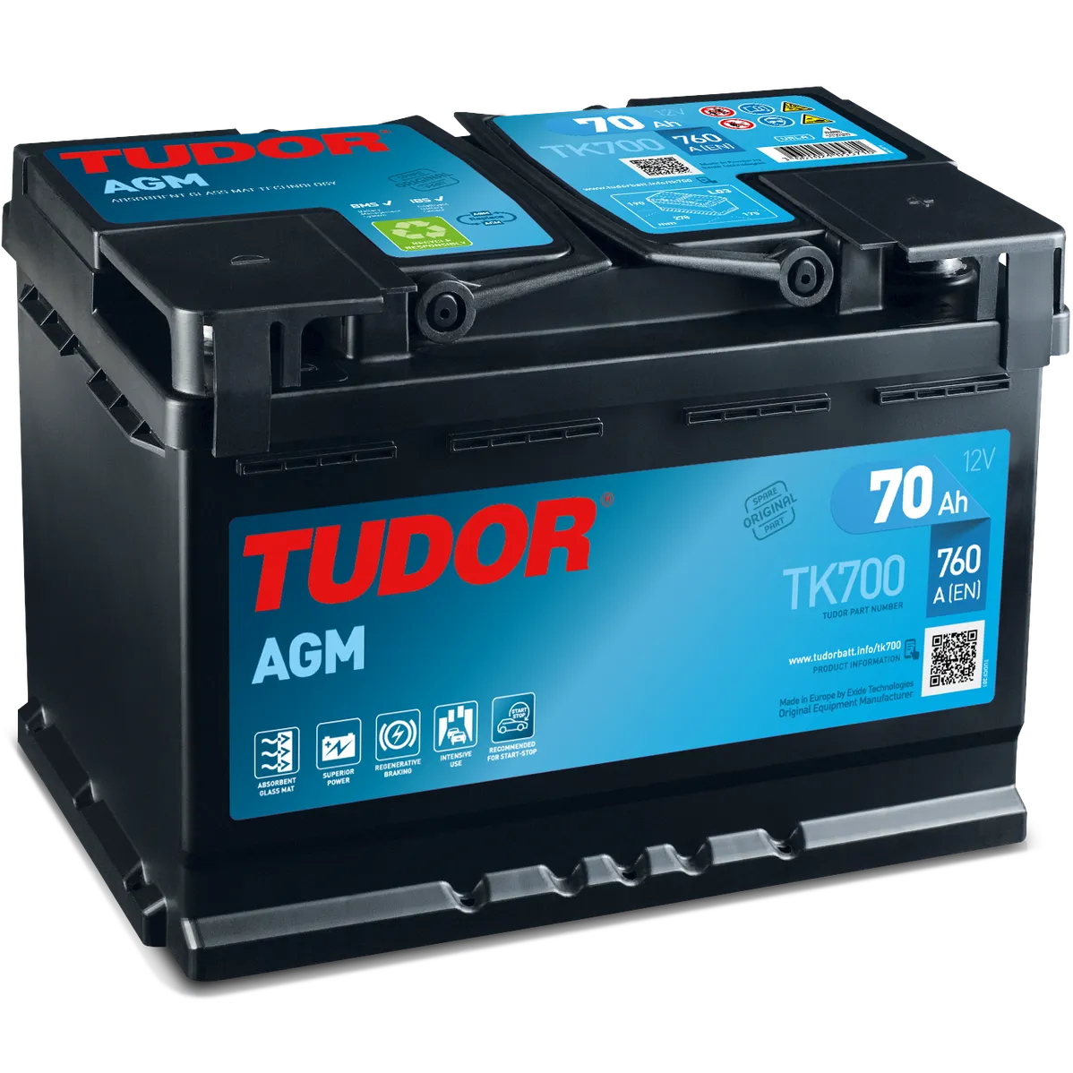 Аккумулятор TUDOR AGM 70 А/ч обратная R+ 278x175x190 EN760 А