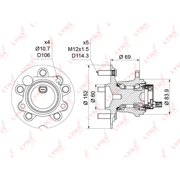 Ступица задняя в сборе с ABS TOYOTA Rav I-II 4 1.8-2.0 2WD 95-05 / Avensis Vers LYNXauto WH-1175