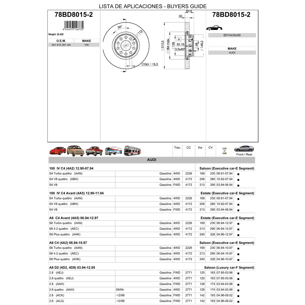 Диск тормозной передний AD A8/S4/S6 ICER 78BD8015-2
