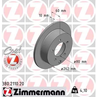 Диск тормозной задний MITSUBISHI COAT Z LANCER SPORTBACK MITSUBISHI LANCER 9/10 ZIMMERMANN 380211020