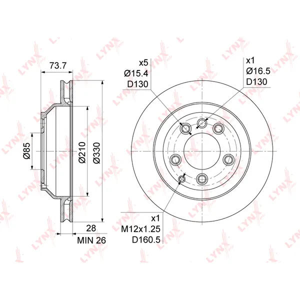 Диск тормозной AUDI Q7 3.0D-6.0D 06-15, VW TOUAREG(7L/P) 3.0-6.0 LYNXAUTO BN-1210