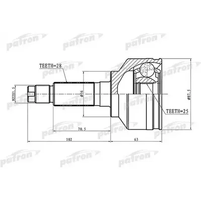 ШРУС наружн к-кт 28x56x25 KIA: Sorento 2.4i/2.5CRDi 02- PATRON PCV1654
