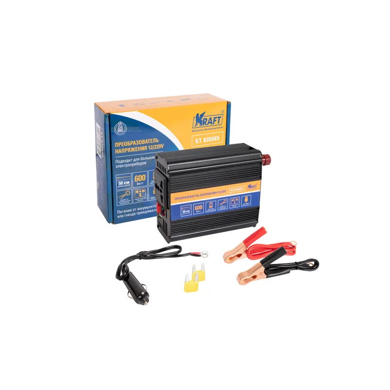 Инвертор автомобильный 12/220V 600W KRAFT KT835665