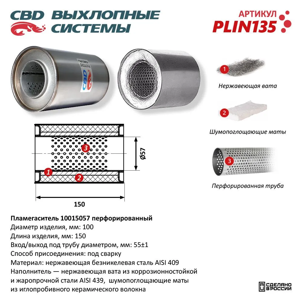 Пламегаситель 10015057 перфорированный внутр. узел, из Нерж.стали. CBD. PLIN135