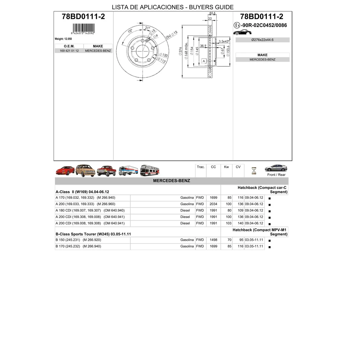 Диск тормозной передний MB A W169 04-/ B W245 05-> ICER 78BD0111-2