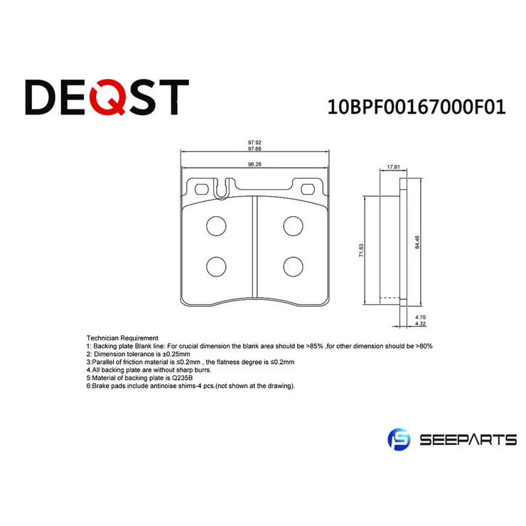 Колодки тормозные, задние W202/203 AMG/210/140 DEQST 10BPF00167000