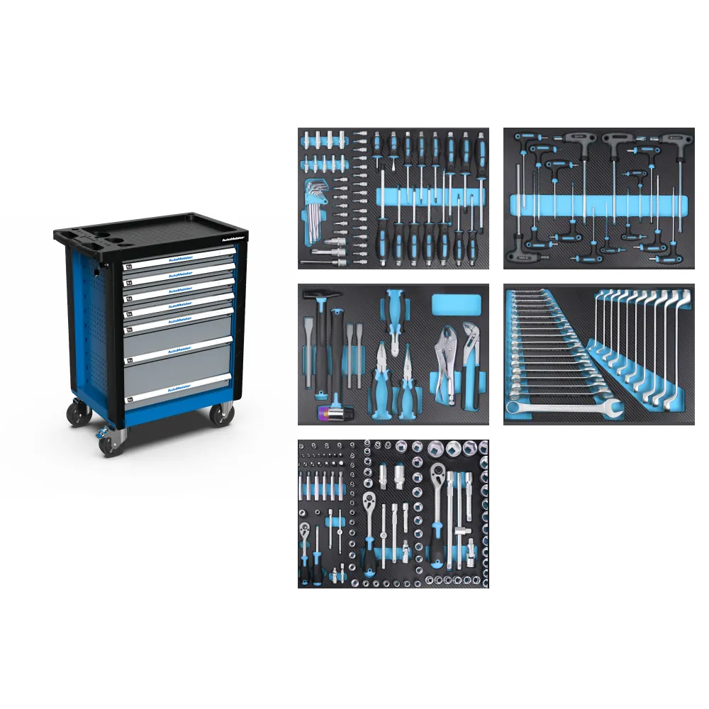 Тележка инструментальная 7 ящиков (RAL5015/RAL7040) с набором инструмента 218 предметов AutoMeister 79481