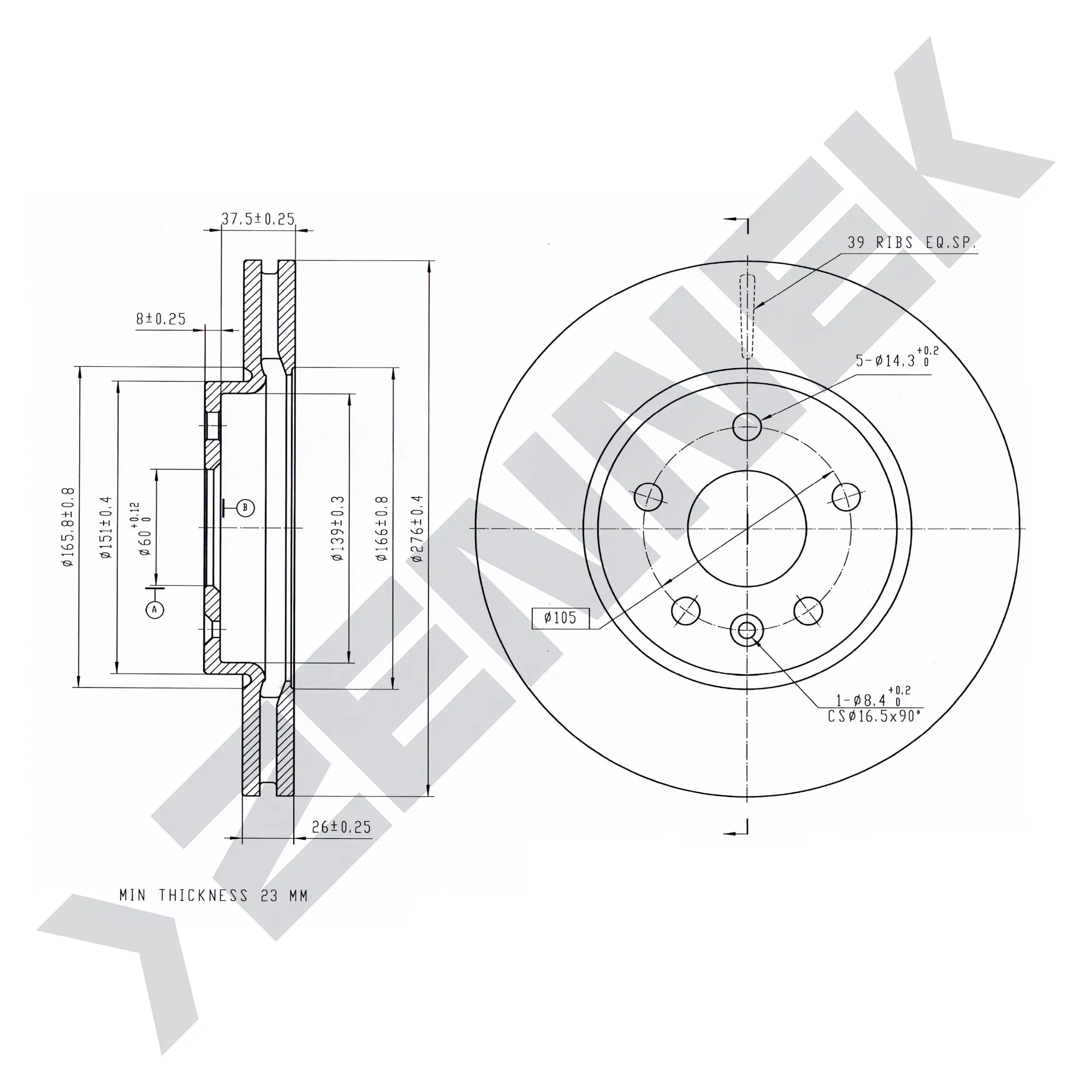 Диск тормозной передний CHEVROLET AVEO 11-, CRUZE 10-(2 шт) ZENNEK DBD0156