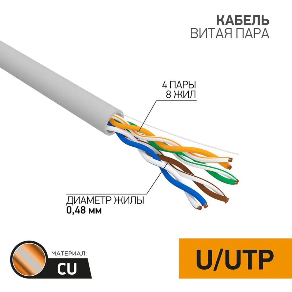 Кабель витая пара U/UTP, CAT 5e, PVC, 4PR, 24AWG, INDOOR, SOLID, серый, 305м, PROconnect 01-0052
